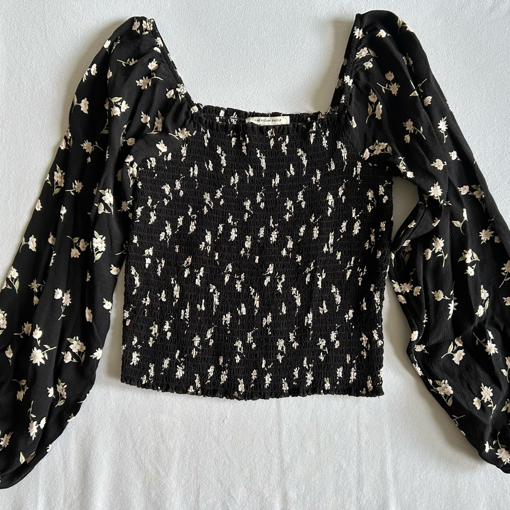 American Eagle Black Floral Smocked Blouse